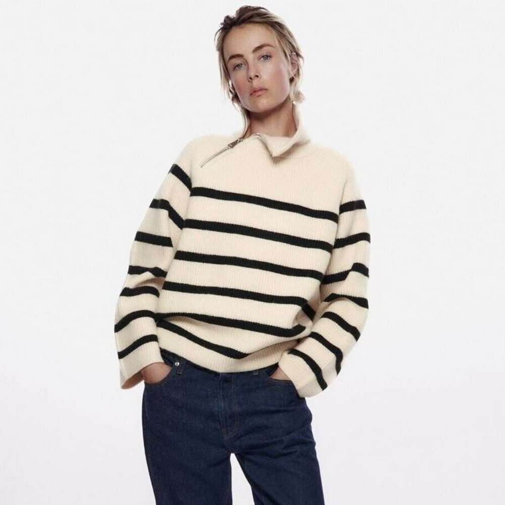 Zara Zippered Striped Knit Sweater size L